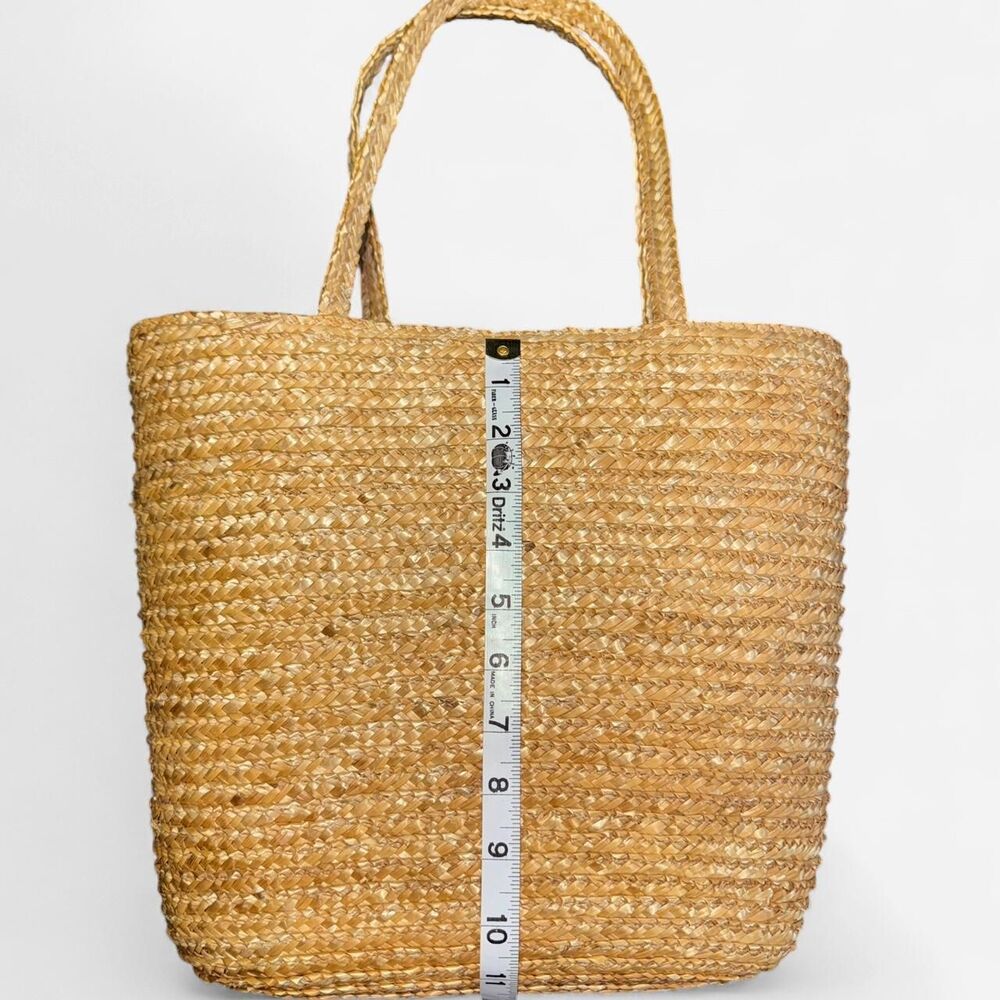 Tan Woven Straw Beach Bag Tote with Pink Flamingo Interior Lining - Picture 6 of 7